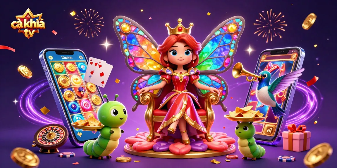 Cà khịa tv showcases a vibrant casino scene with a butterfly queen and dynamic gaming elements.
