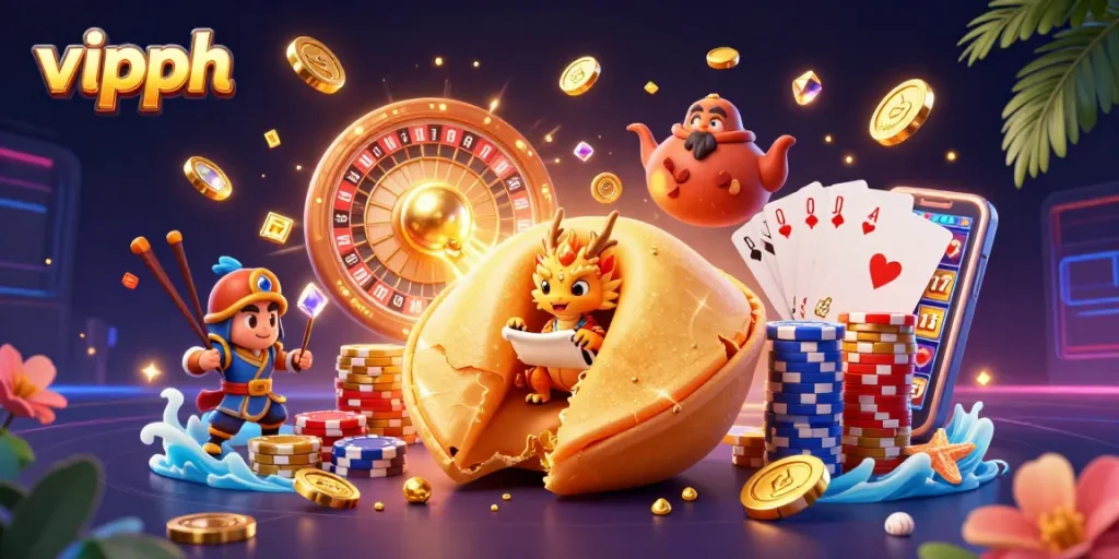Experience the vibrant world of vipph with golden coins cascading from a fortune cookie and a wise dragon reading fortunes.