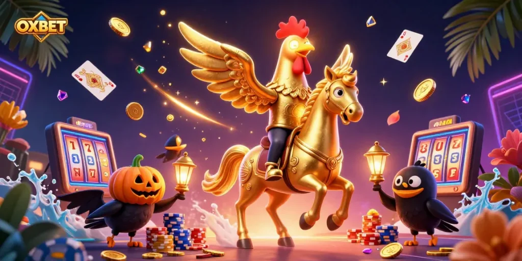 Engage with OXBET in a vibrant casino scene featuring a golden rooster, royal flush cards, and golden coins.