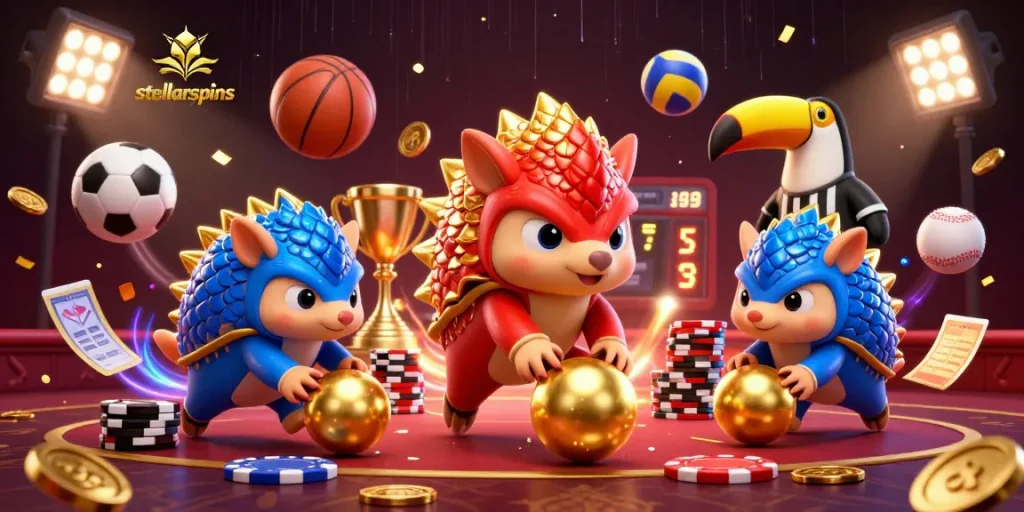 Experience thrilling gameplay with stellarspins featuring rival pangolins competing among poker chips and gold coins.