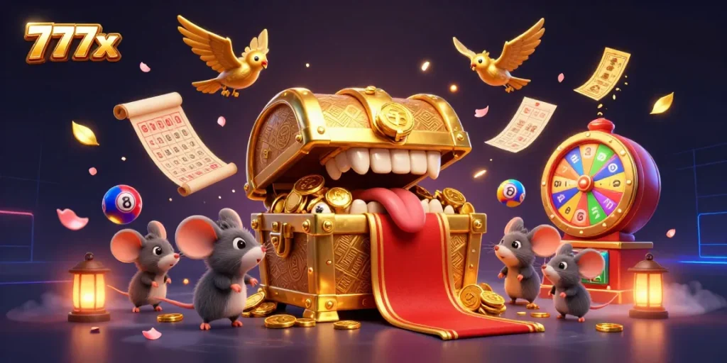 Engage with 777x to win big with colorful lottery balls, golden treasures, and lively casino elements.