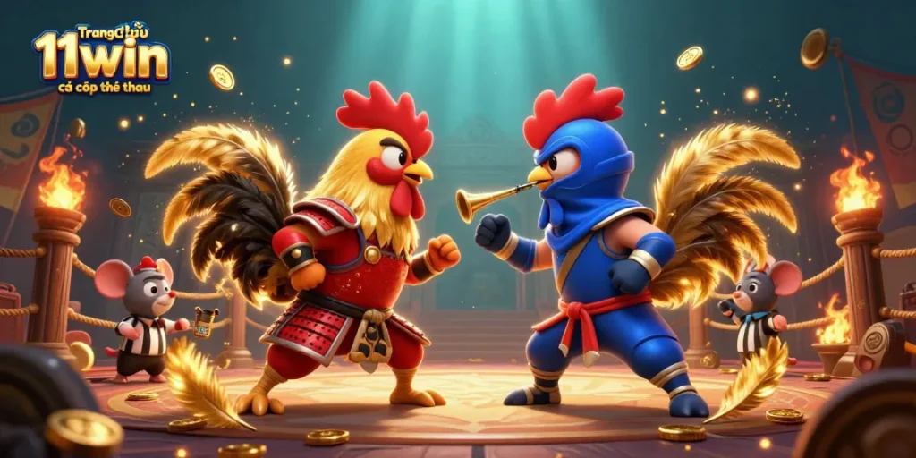 Experience thrilling action with Trang chủ 11win cá cược thể thao's engaging fighting roosters illustration.