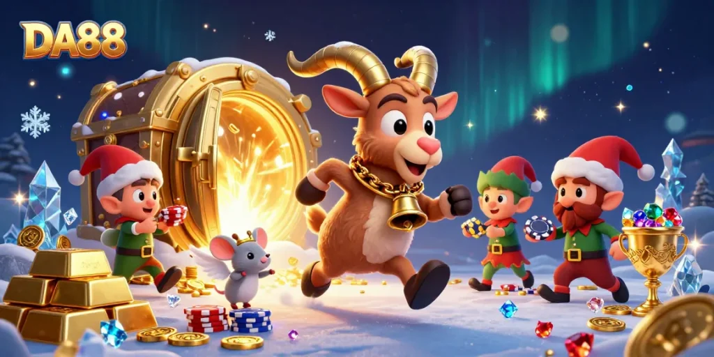 Engage in thrilling bets at DA88 with festive characters stealing poker chips in a vibrant casino scene.