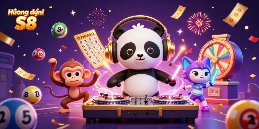 Join the fun with Hướng dẫn S8 featuring a DJ panda, dancing monkey, and kitten at a vibrant casino scene.