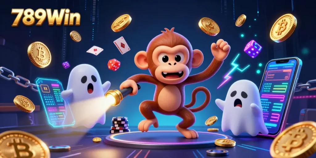 Experience thrilling gameplay at 789Win with a whimsical casino scene filled with animated characters and glowing crypto elements.