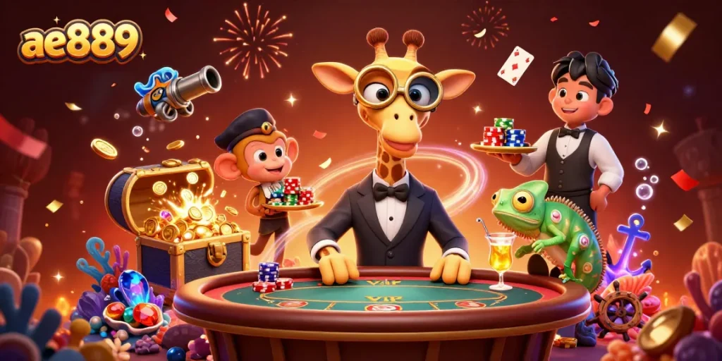 Experience the thrill of ae889 with a vibrant 3D casino scene featuring high-roller characters and dynamic game elements.